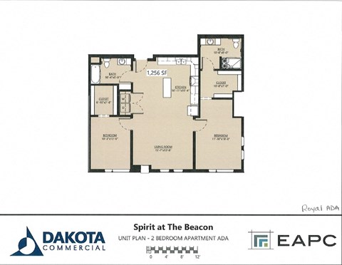 Floor plan for 2 beds, 2 baths, 1256 sqft